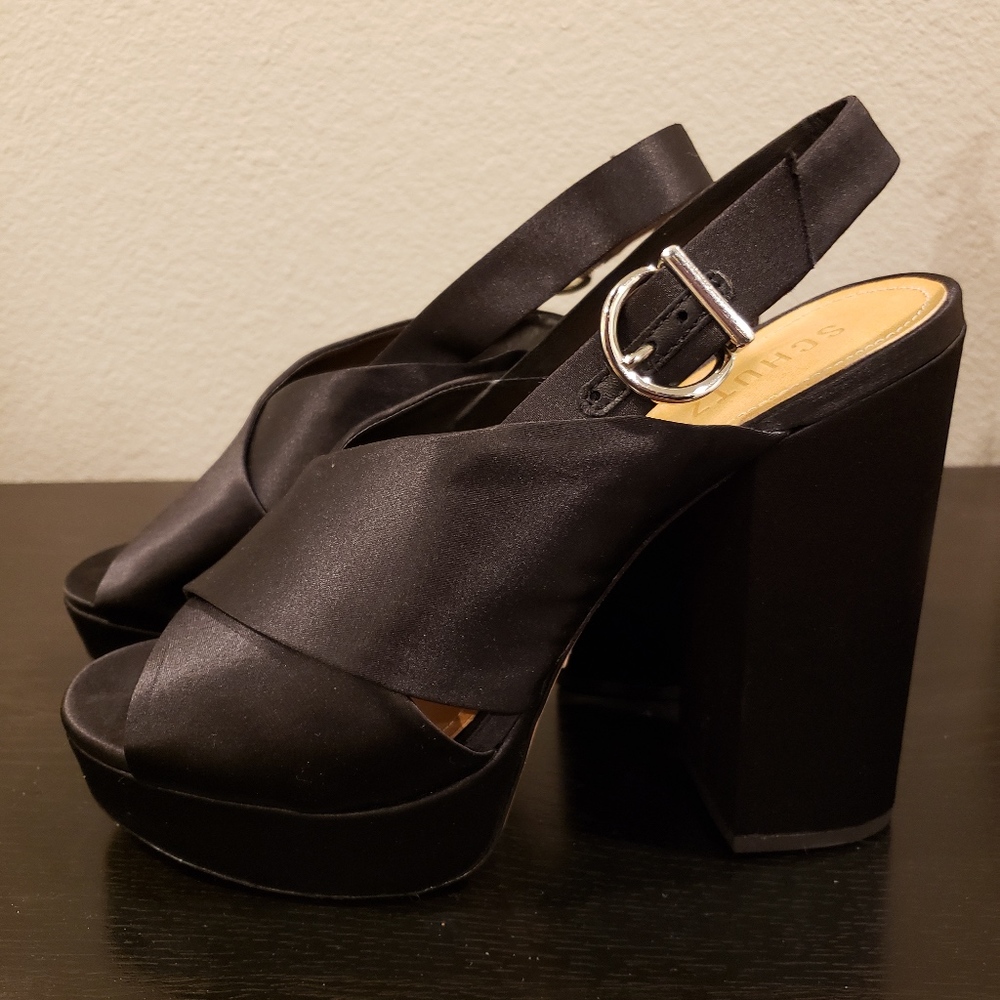 Schutz Black Satin Platform Sandals 10/40